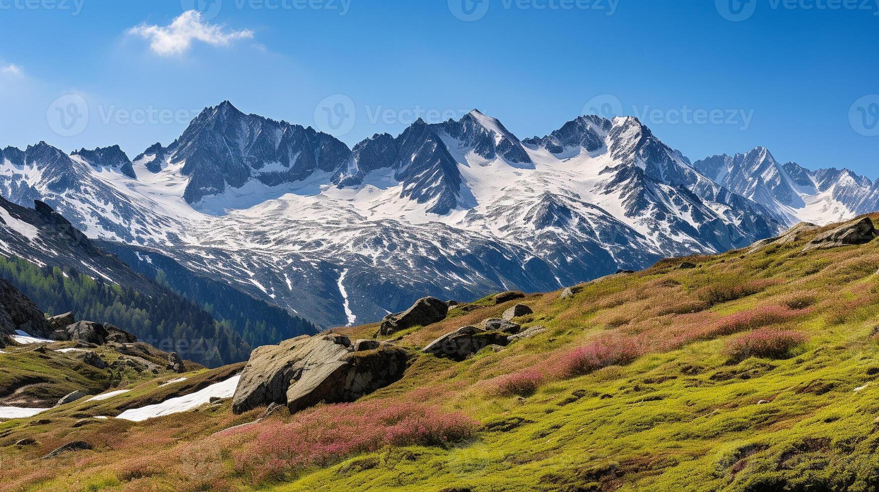 ai gerado majestoso alpino panorama com florescendo flores silvestres foto