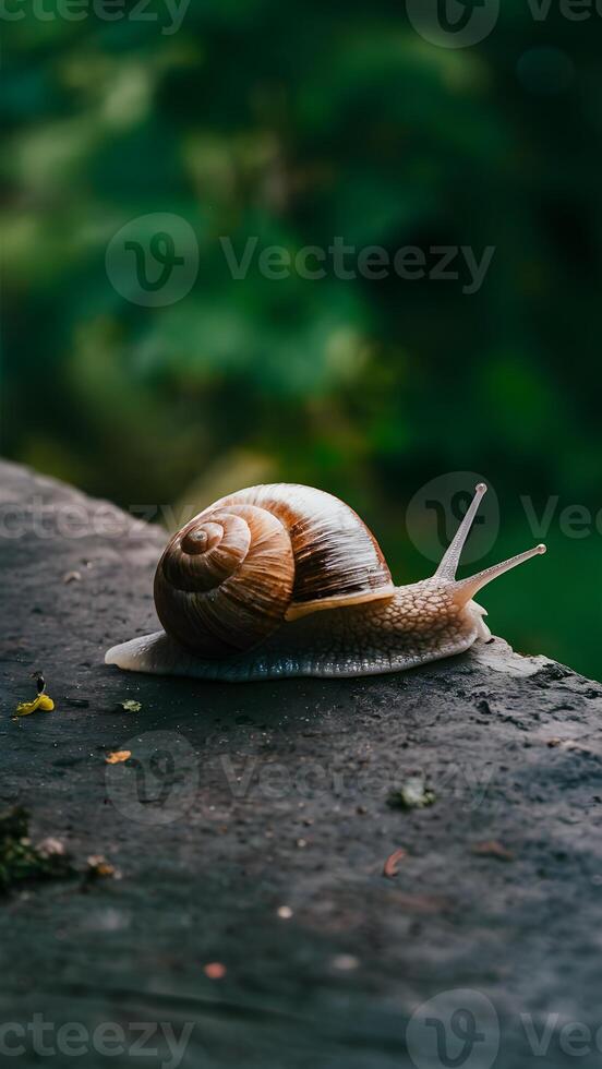 ai gerado Caracol rastejando dentro uma borda, lento movimento, natural habitat foto vertical Móvel papel de parede