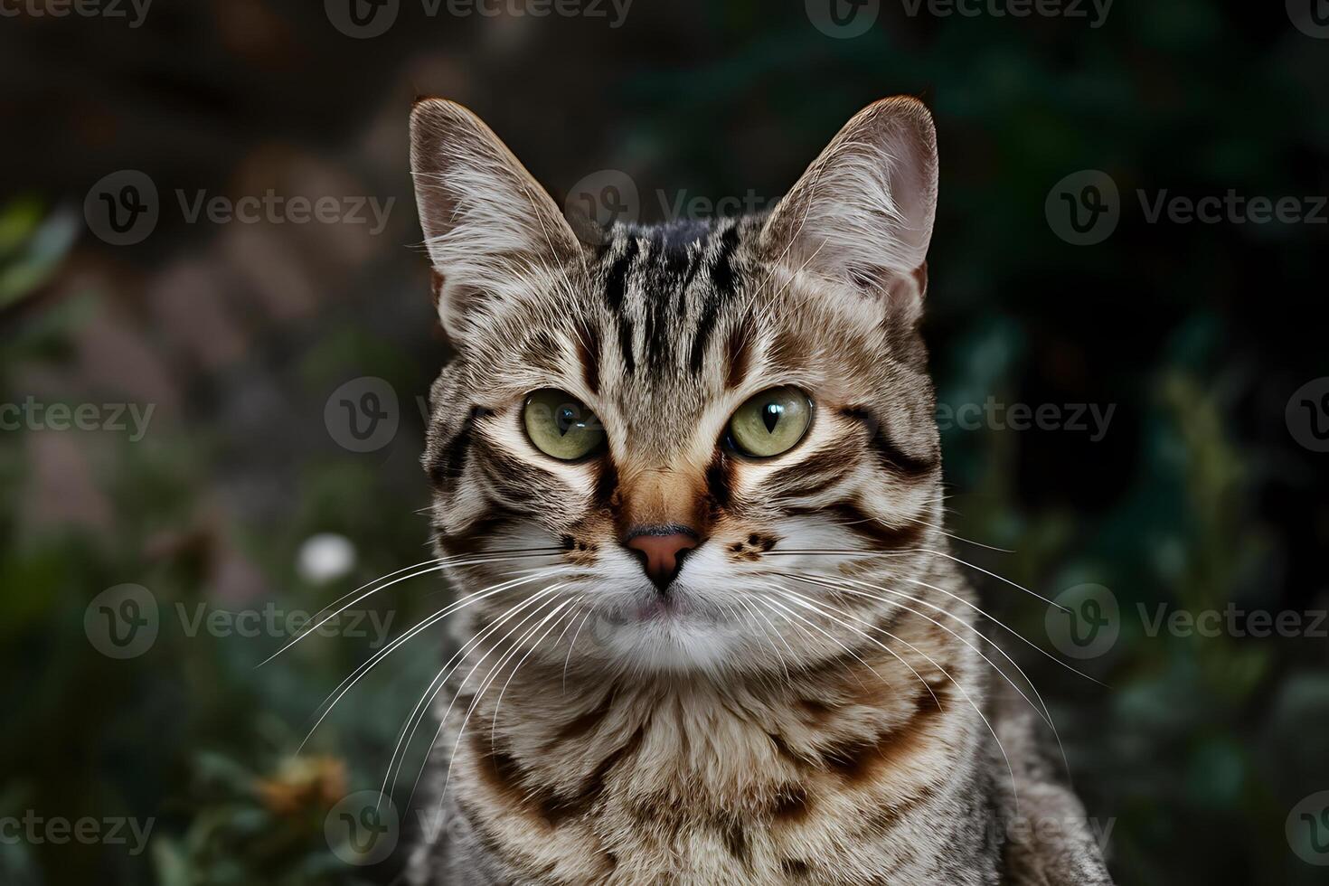 ai gerado Visão fechar acima retrato do listrado gato com verde olhos e bigodes foto