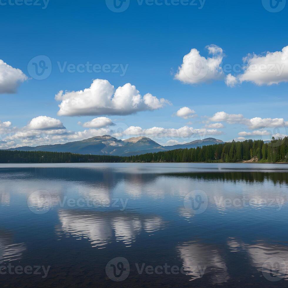 ai gerado branco nuvens deriva preguiçosamente sobre lago contra azul céu pano de fundo para social meios de comunicação postar Tamanho foto