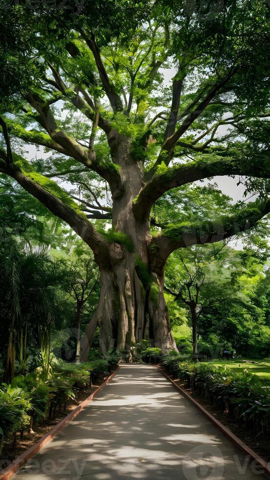 ai gerado bangkoks parque vangloria-se grande árvore e pitoresco passarela vertical Móvel papel de parede foto