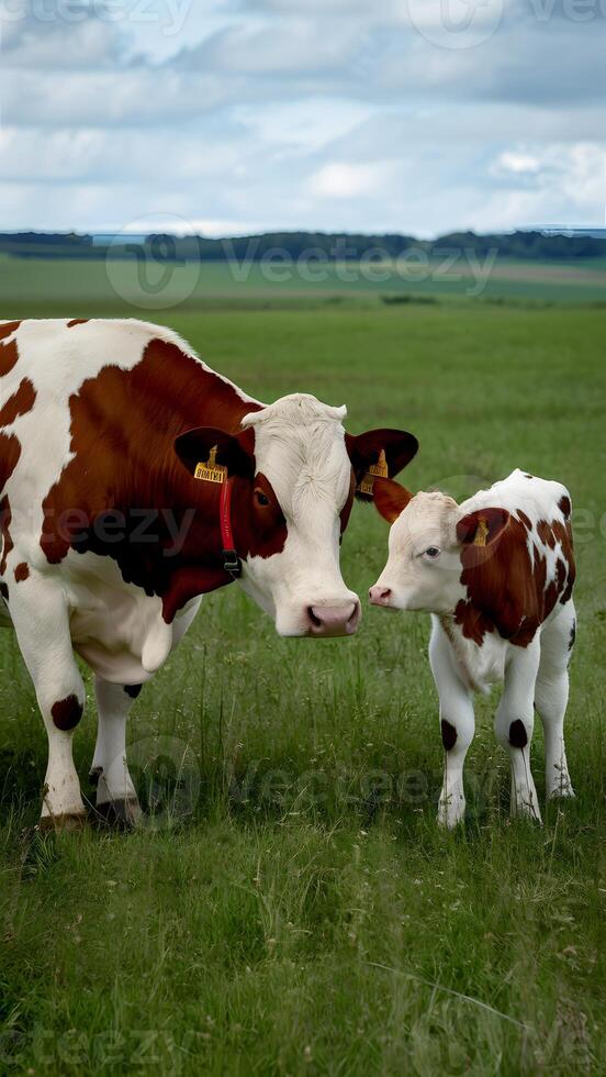 ai gerado cenário vaca e bezerro compartilhar uma concurso momento dentro a aberto campo vertical Móvel papel de parede foto