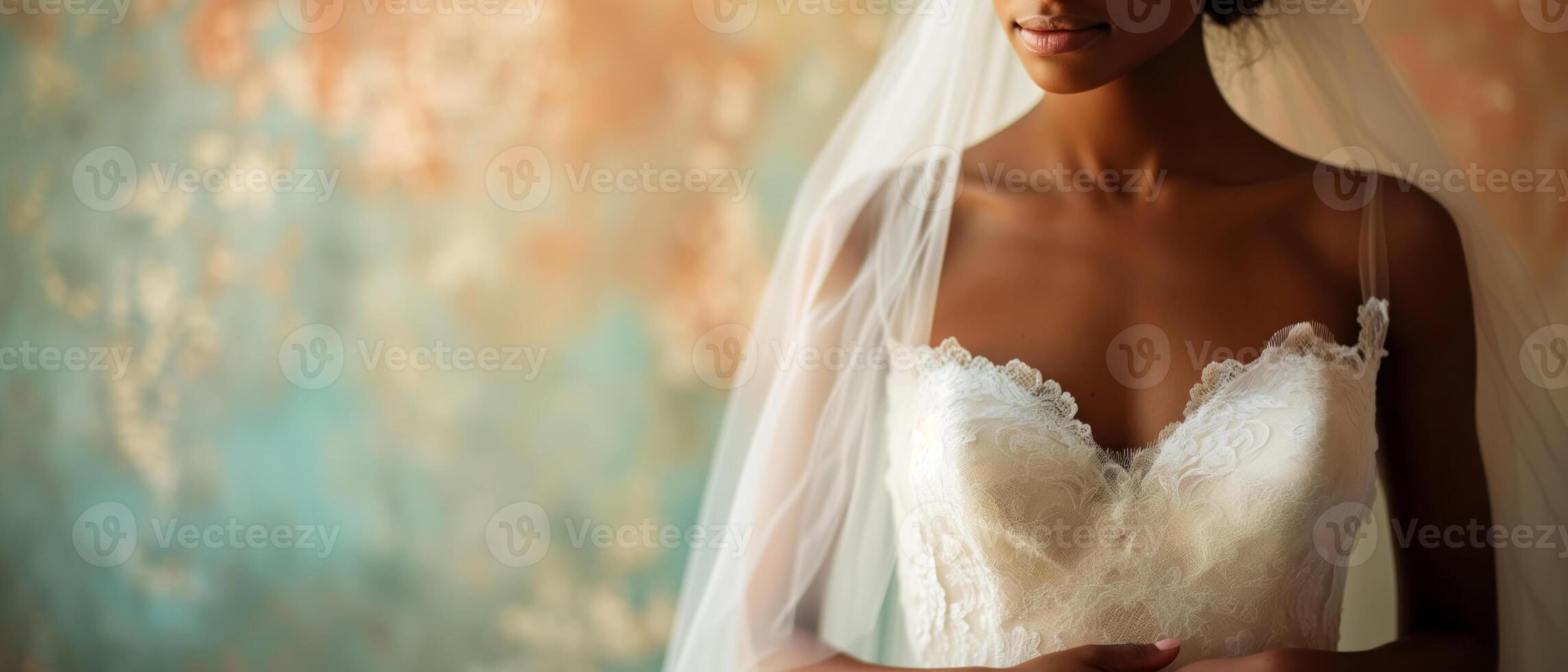 ai gerado uma mulher vestido dentro uma branco Casamento vestir com uma véu em dela cabeça carrinhos elegantemente em dela especial dia. a noiva irradia graça e beleza, cópia de espaço bandeira foto