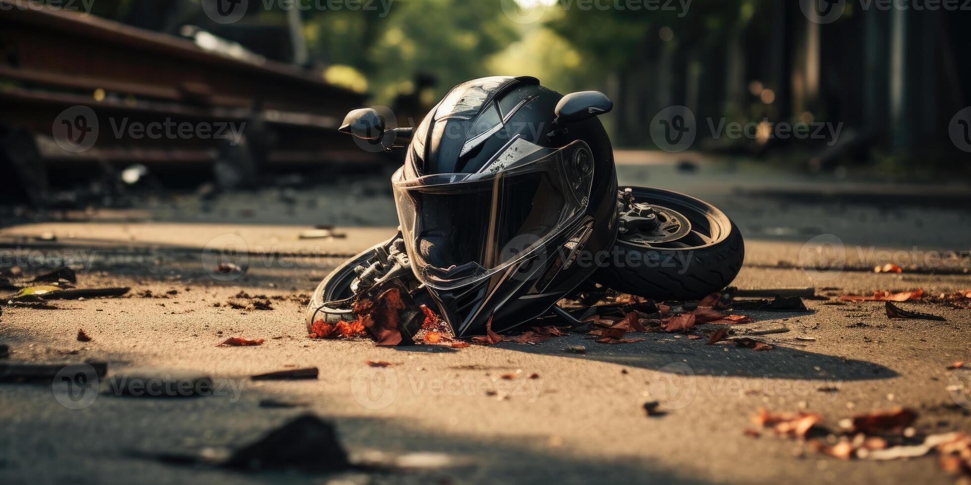 ai gerado motocicleta capacete em a estrada, estrada acidente conceito. generativo ai foto