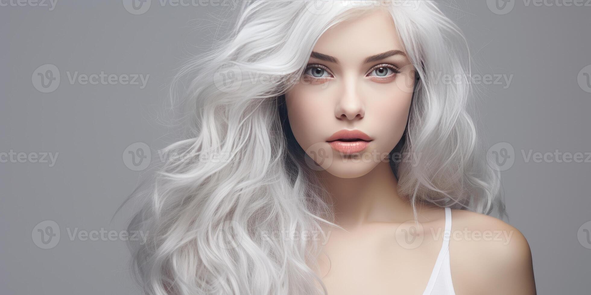 ai gerado jovem moderno menina com branco cabelo em cinzento fundo. generativo ai foto