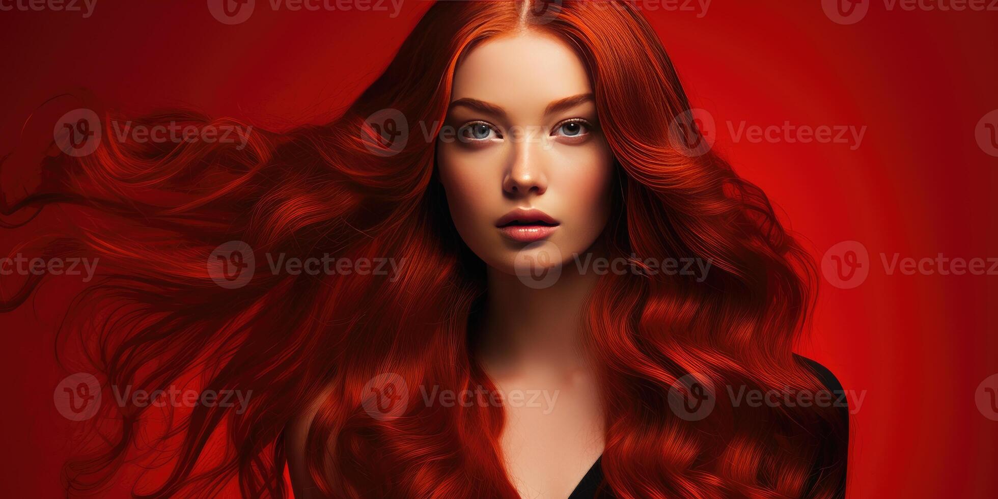 ai gerado mulher com vermelho cabelo em uma vermelho fundo, publicidade xampu. generativo ai foto