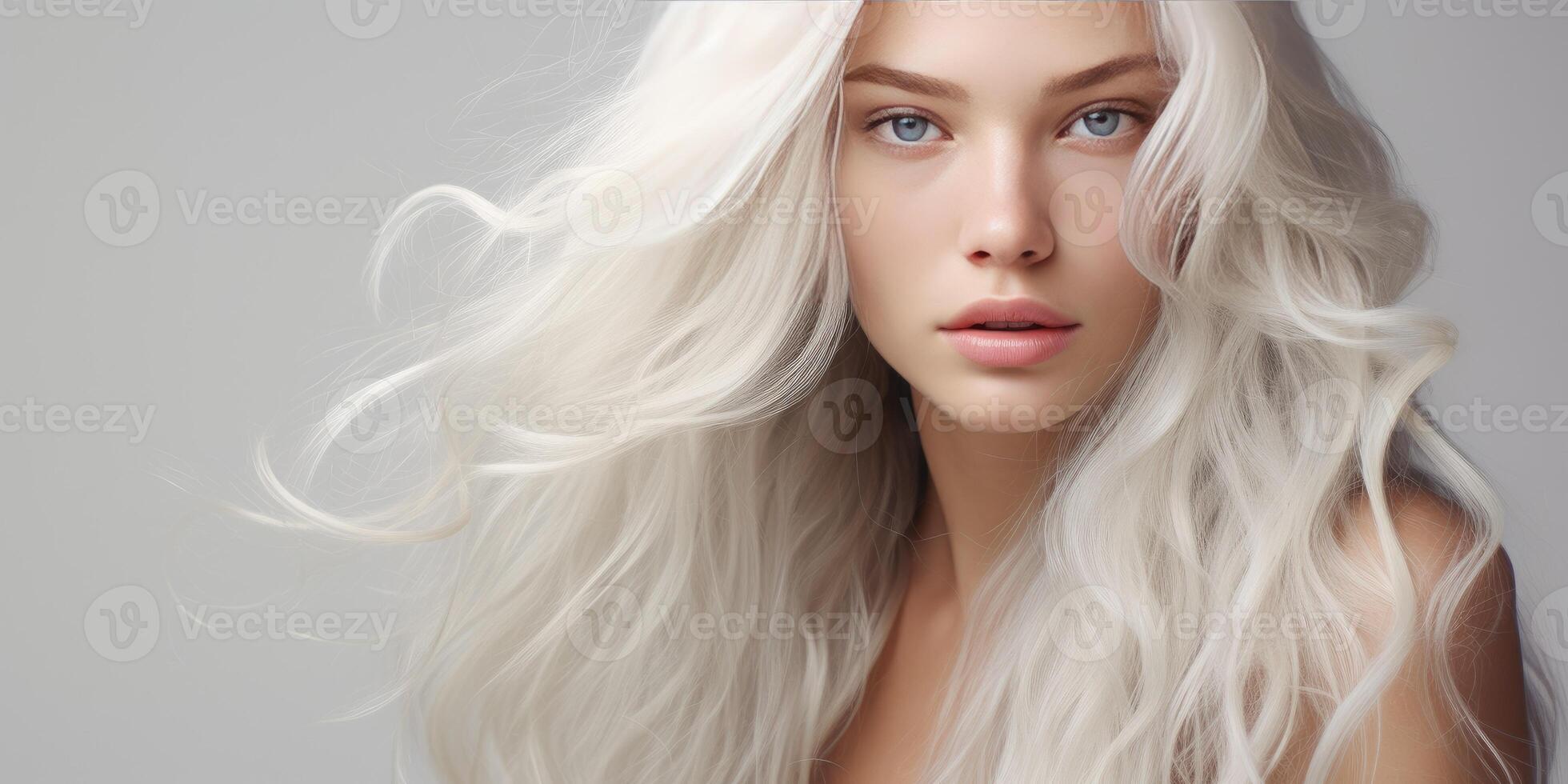 ai gerado jovem mulher com lindo branco cabelo em uma luz fundo. generativo ai foto