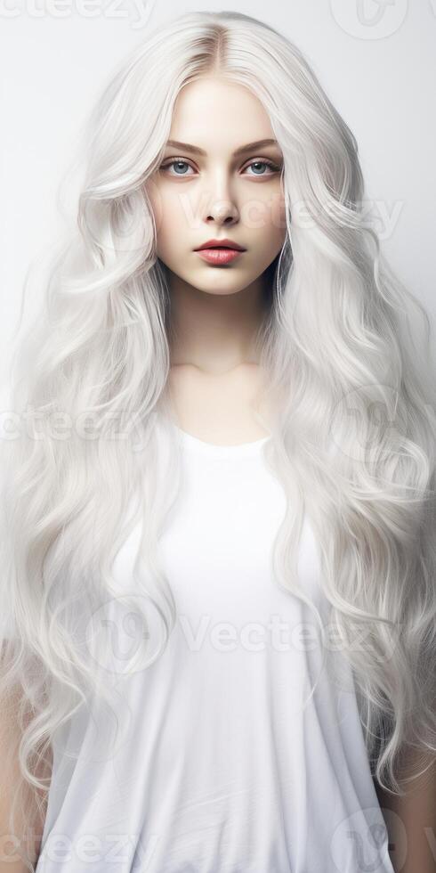 ai gerado jovem mulher com lindo branco cabelo em uma luz fundo. generativo ai foto