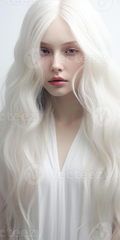 ai gerado jovem mulher com lindo branco cabelo em uma luz fundo. generativo ai foto