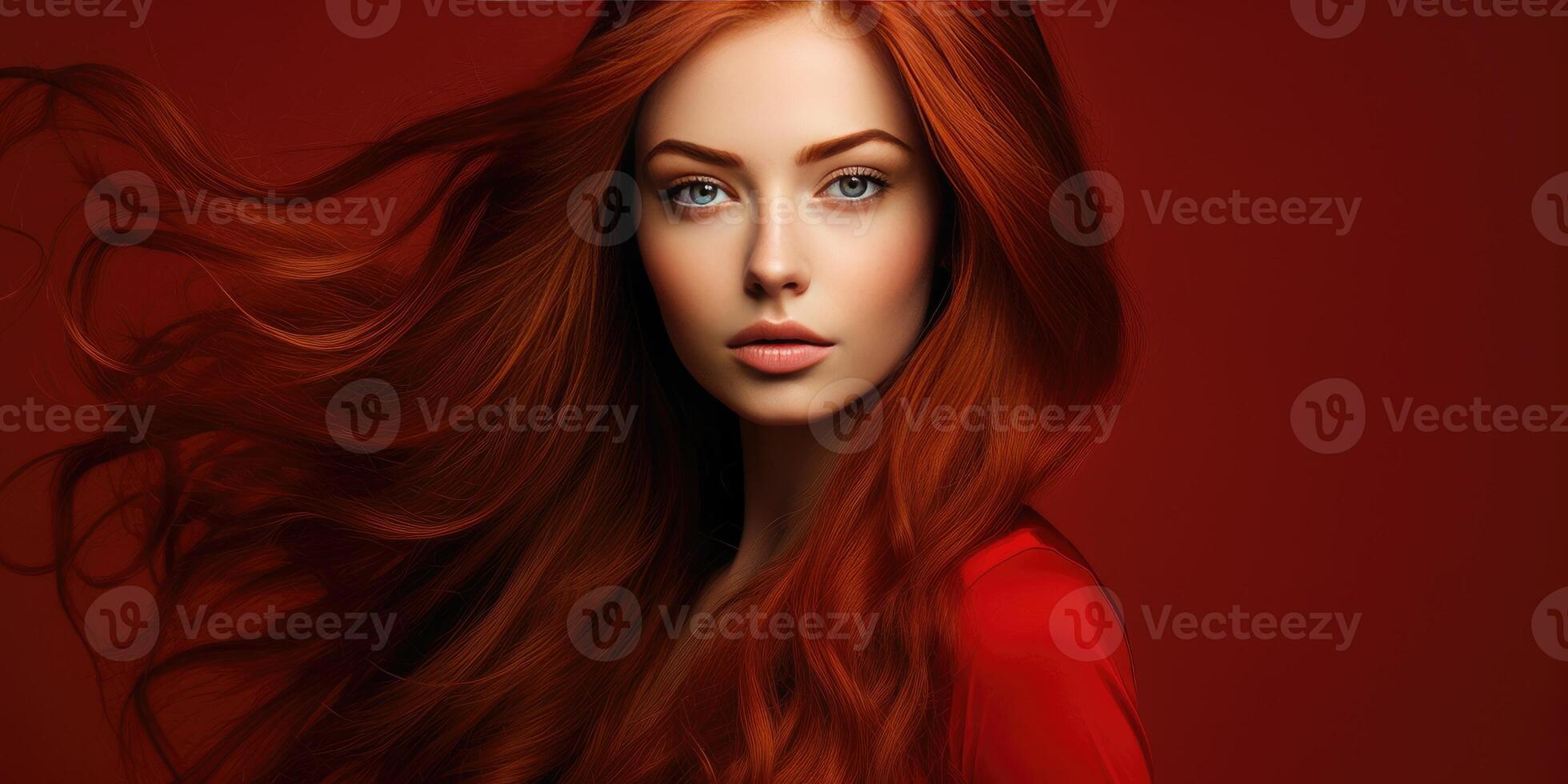 ai gerado mulher com vermelho cabelo em uma vermelho fundo, publicidade xampu. generativo ai foto