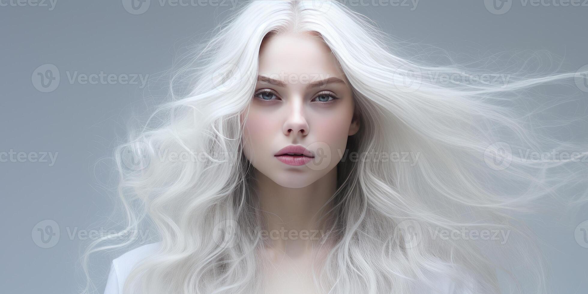 ai gerado jovem mulher com lindo branco cabelo em uma luz fundo. generativo ai foto