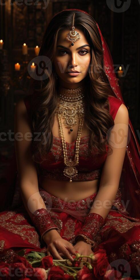ai gerado vertical retrato do uma jovem indiano mulher dentro tradicional vestir. generativo ai foto
