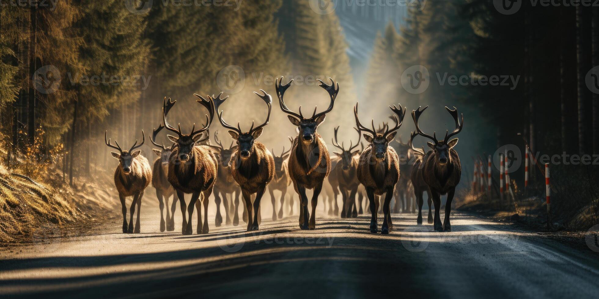 ai gerado lá estão muitos do alce em a estrada. conservação do selvagem animais. seguro dirigindo. generativo ai foto