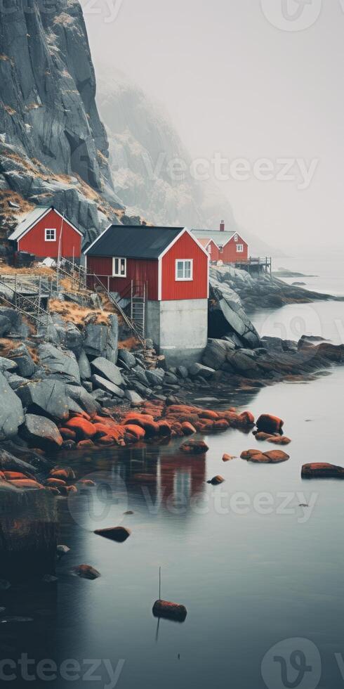 ai gerado lago casas, escandinavo estilo. minimalismo. imagem para poster. generativo ai foto