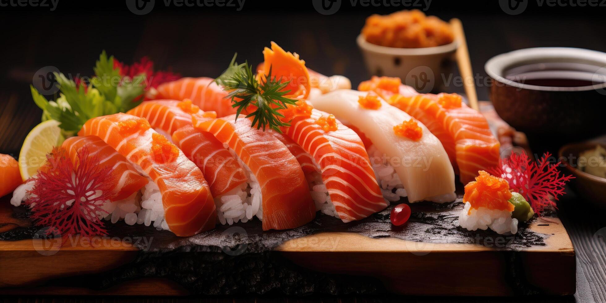 ai gerado apetitoso conjunto do diferente tipos do Sushi e rolos em de madeira borda. generativo ai foto