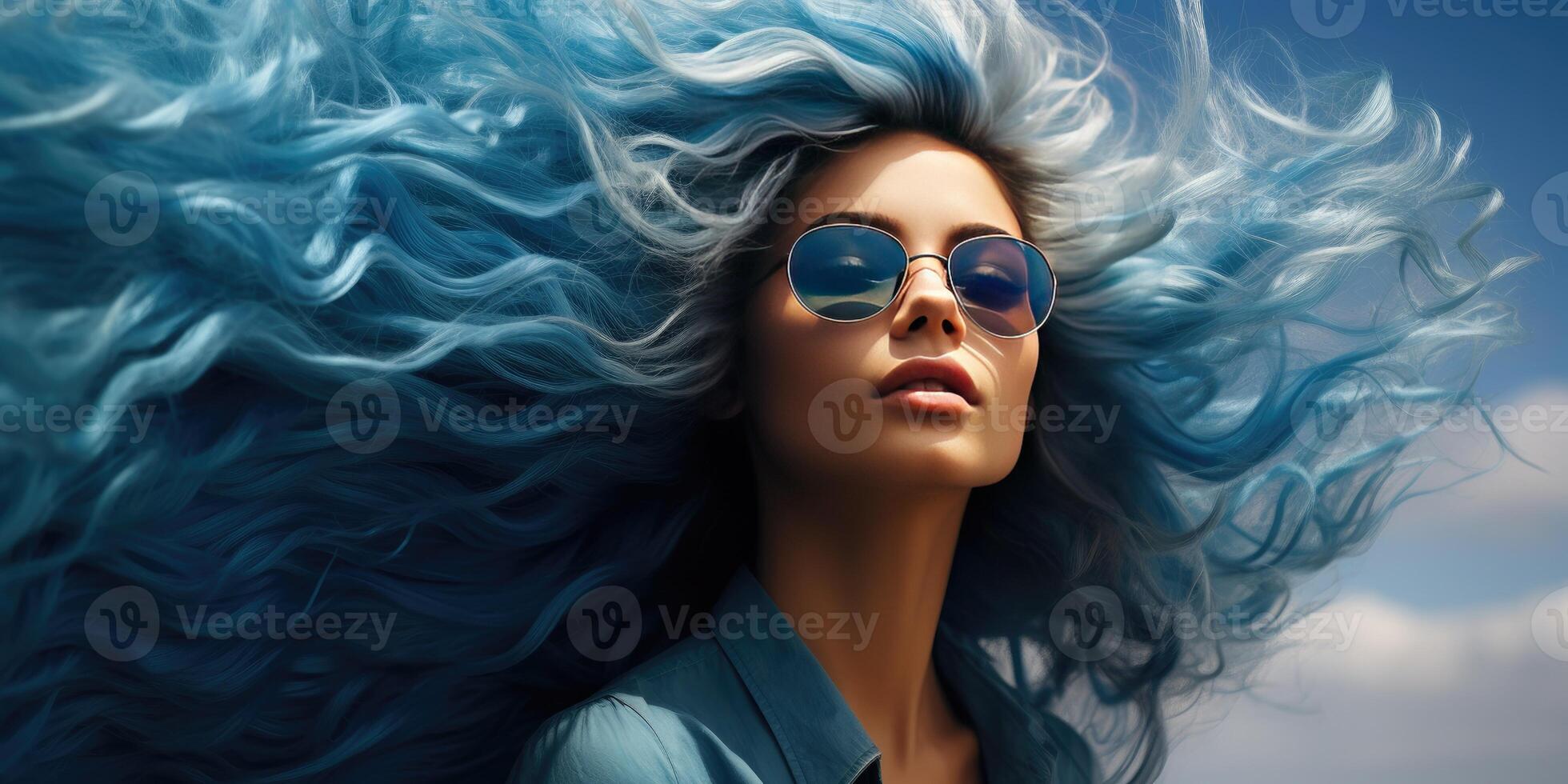 ai gerado retrato do uma lindo jovem mulher com azul cabelo, generativo ai foto