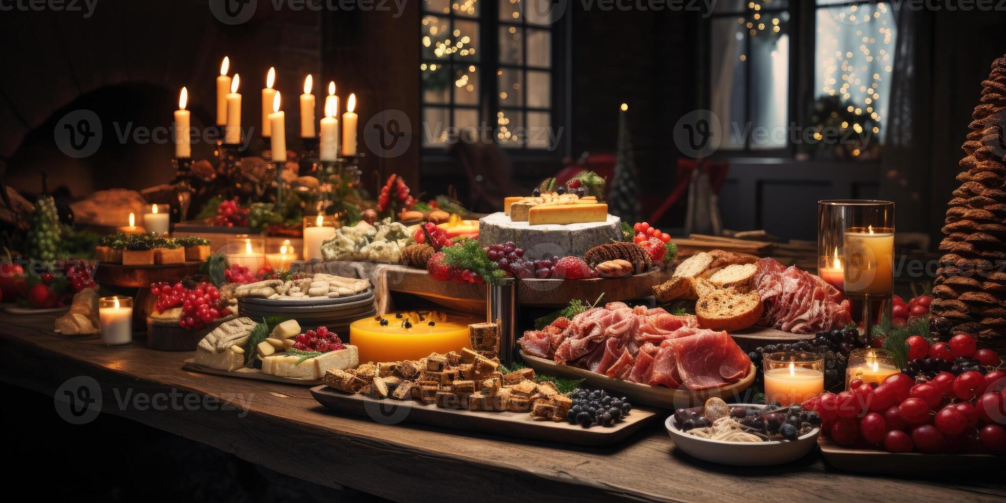 ai gerado festivo bufê para Novo anos festa, Natal mesa com Comida. generativo ai foto