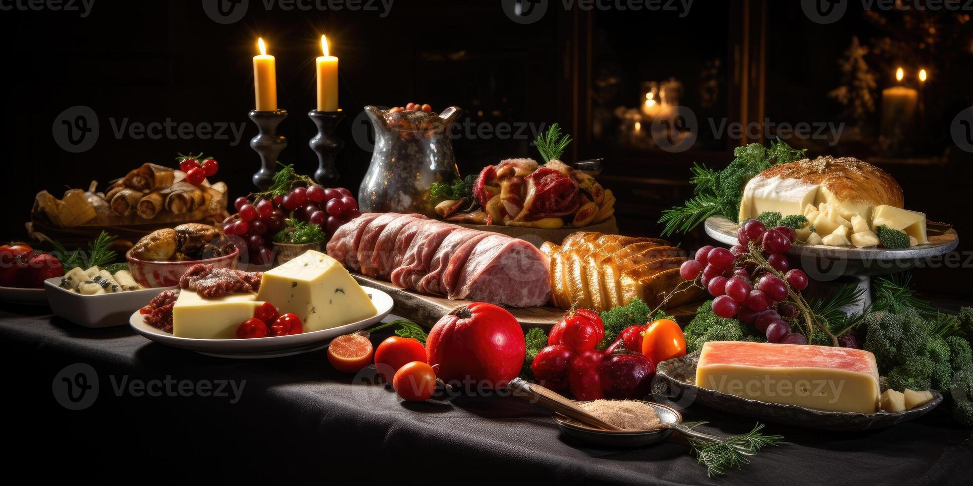 ai gerado festivo bufê para Novo anos festa, Natal mesa com Comida. generativo ai foto