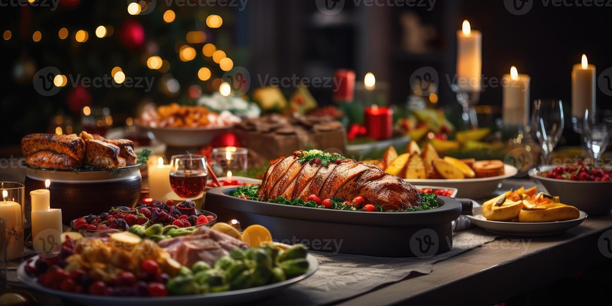 ai gerado Natal mesa, com uma borrado Natal árvore dentro a fundo. grande quantidade do Comida pratos.generativo ai foto