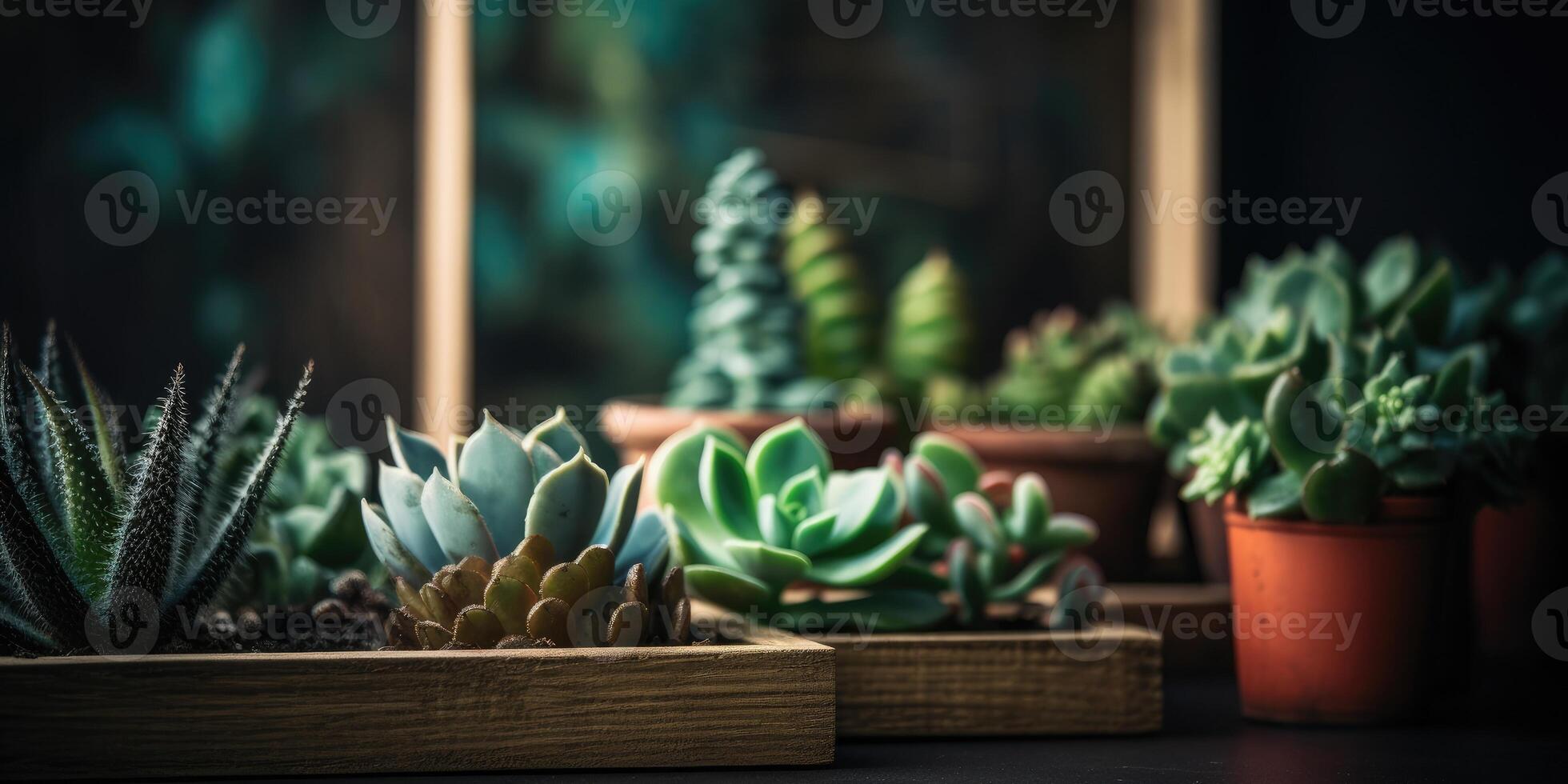 ai gerado lindo diferente suculentos em de madeira mesa dentro a jardim. generativo ai foto