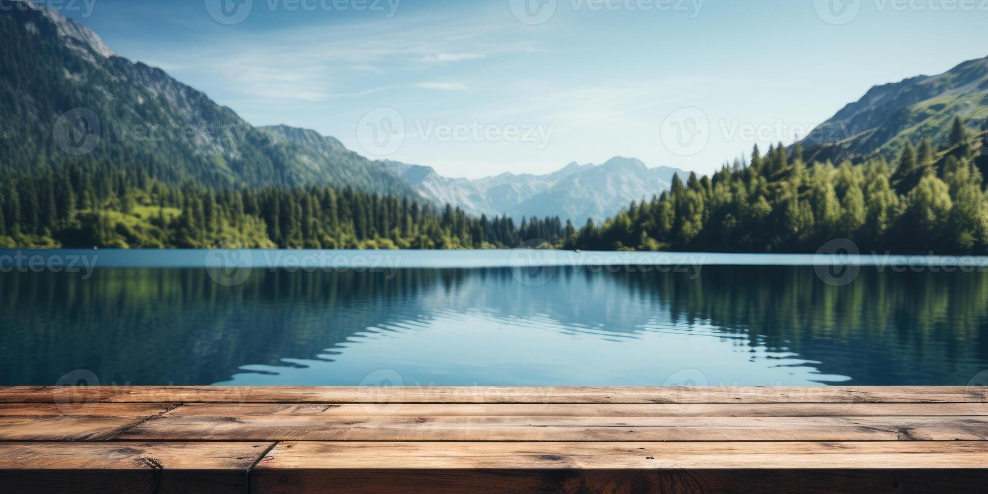 ai gerado esvaziar de madeira mesa contra a pano de fundo do uma verão montanha lago, cópia de espaço. generativo ai foto
