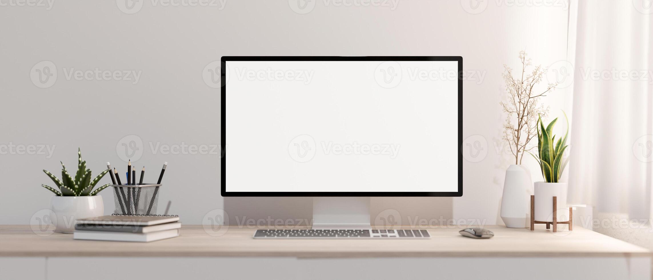 uma minimalista branco casa escritório com uma pc computador brincar em uma madeira mesa contra a branco muro. foto