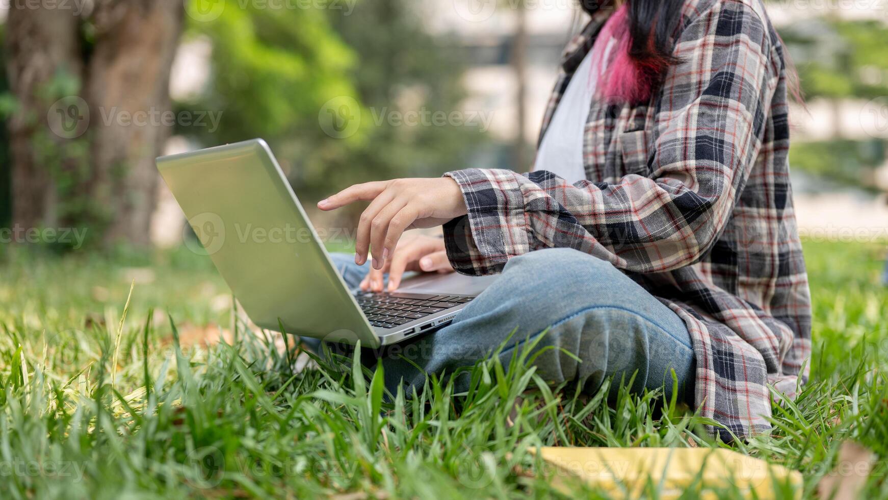 uma cortada imagem do uma fêmea usando dela computador portátil computador enquanto sentado em a Relva dentro uma parque. foto