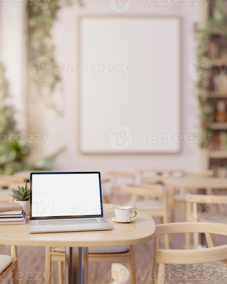uma computador portátil computador brincar em uma de madeira mesa dentro uma lindo minimalista restaurante do café fazer compras. foto