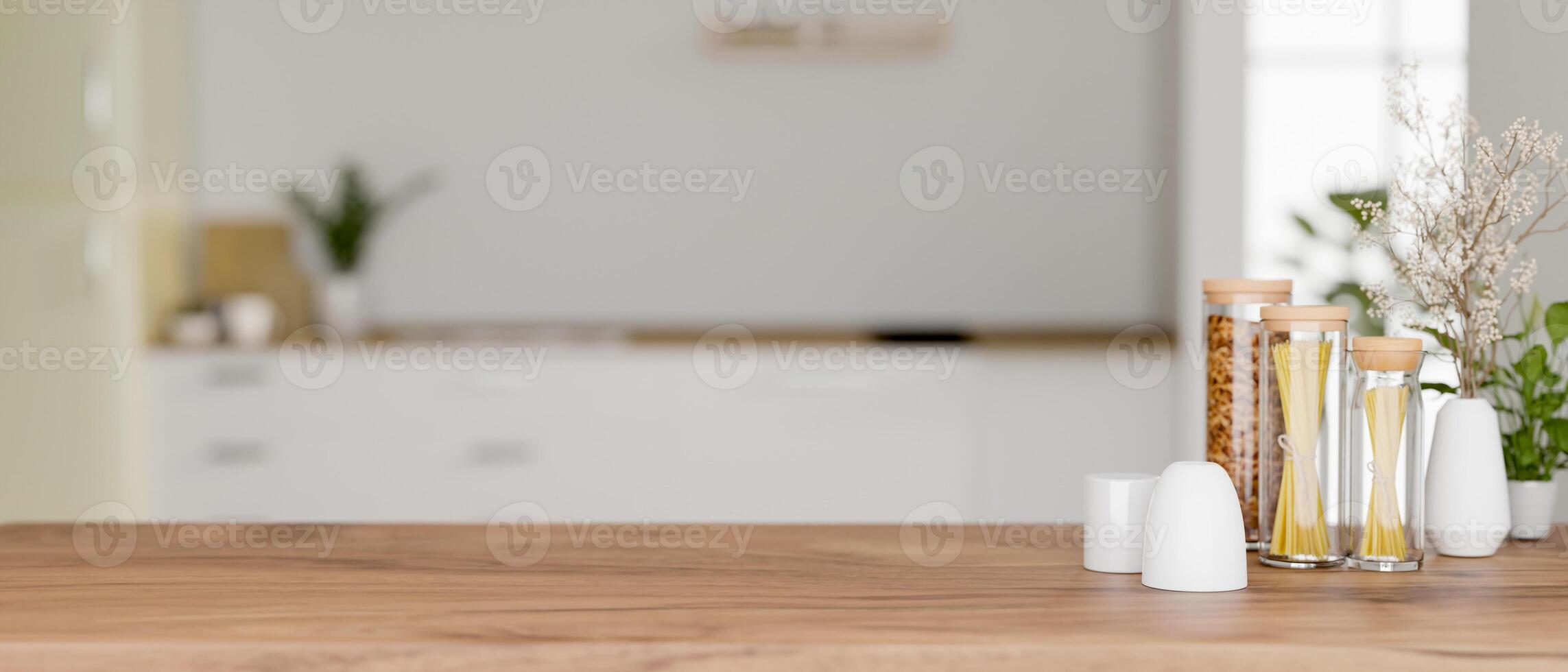 uma espaço para exibição produtos em uma de madeira cozinha de mesa dentro uma moderno branco cozinha. foto