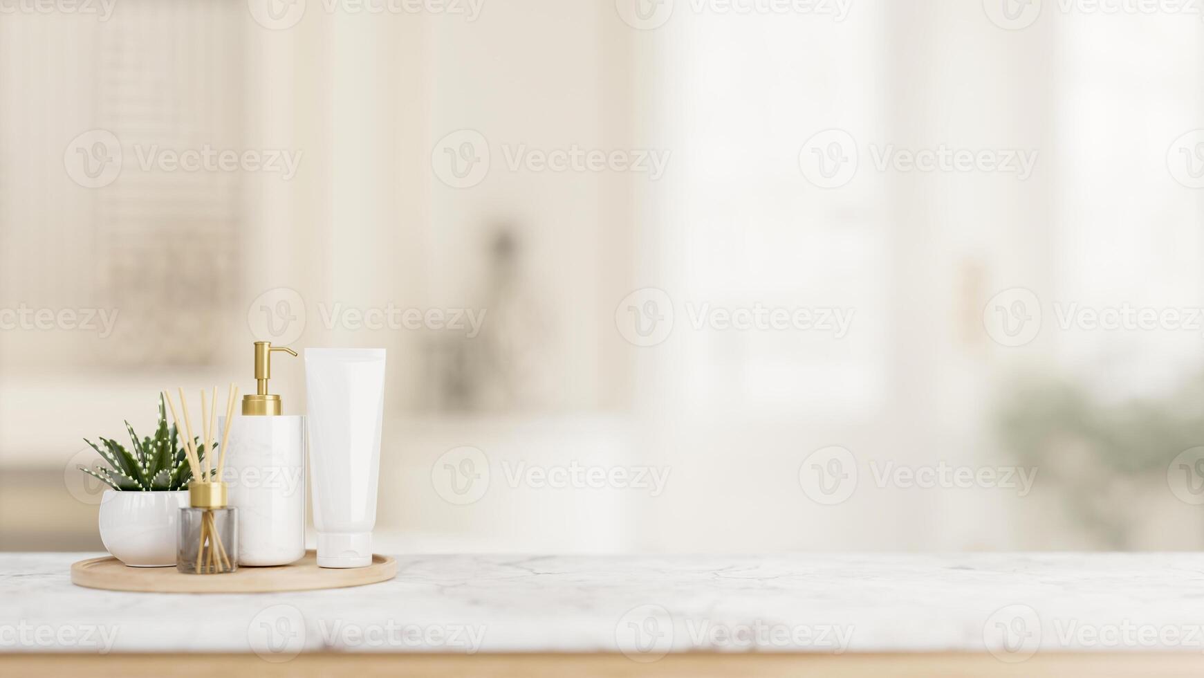 uma luxuoso artigos de higiene pessoal conjunto é colocada em uma luxo branco mármore de mesa dentro uma branco banheiro. foto