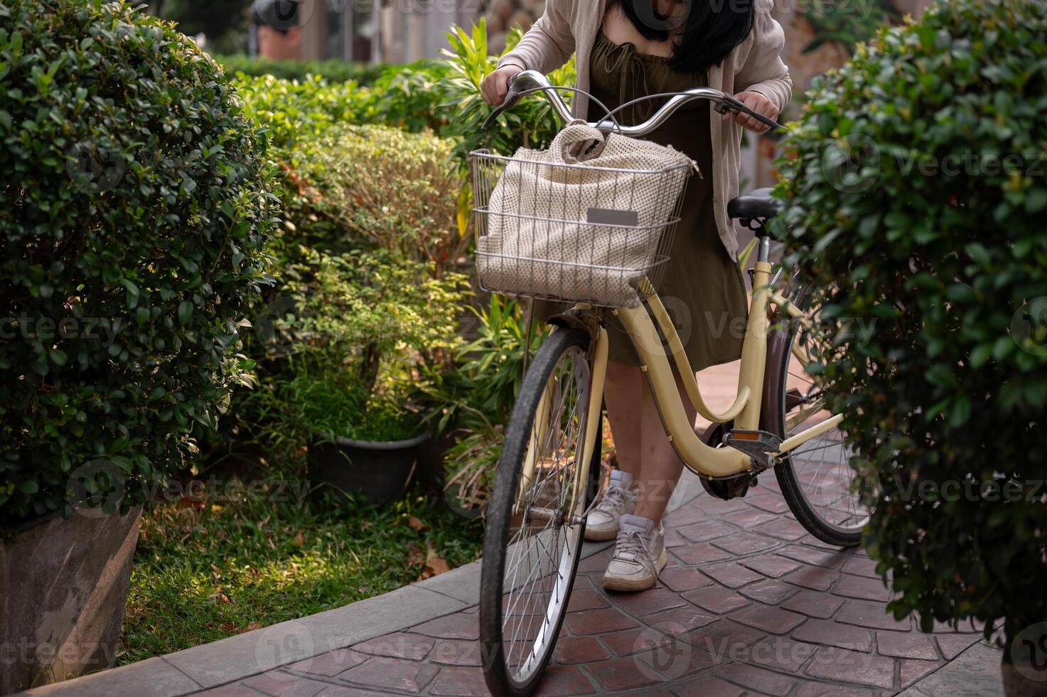 uma cortada tiro do uma mulher dentro uma fofa vestir empurrando dela bicicleta em uma trilha dentro uma cidade parque. foto