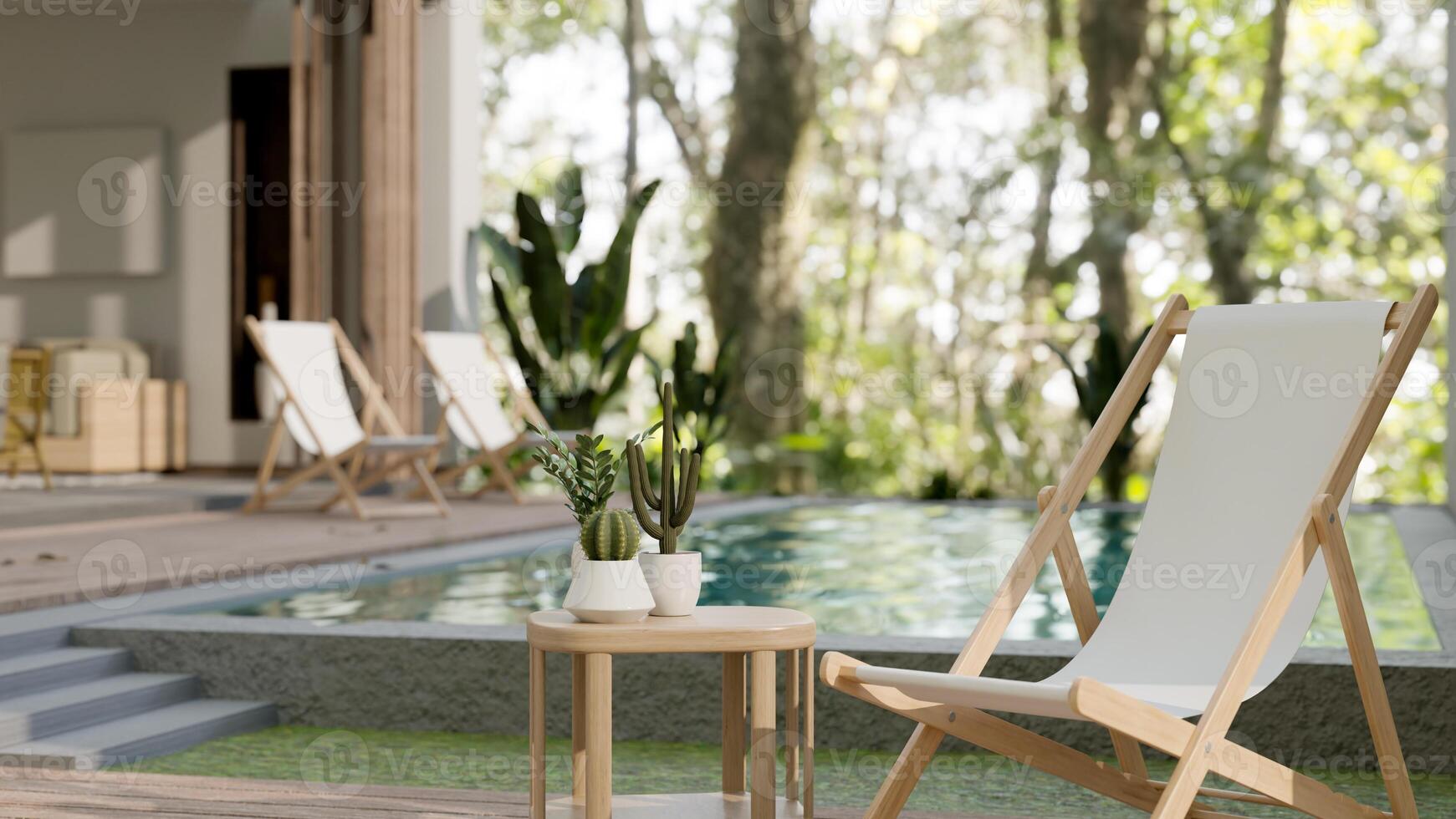 uma salão de praia cadeira e uma lado mesa de a piscina dentro uma lindo contemporâneo piscina villa lar. foto