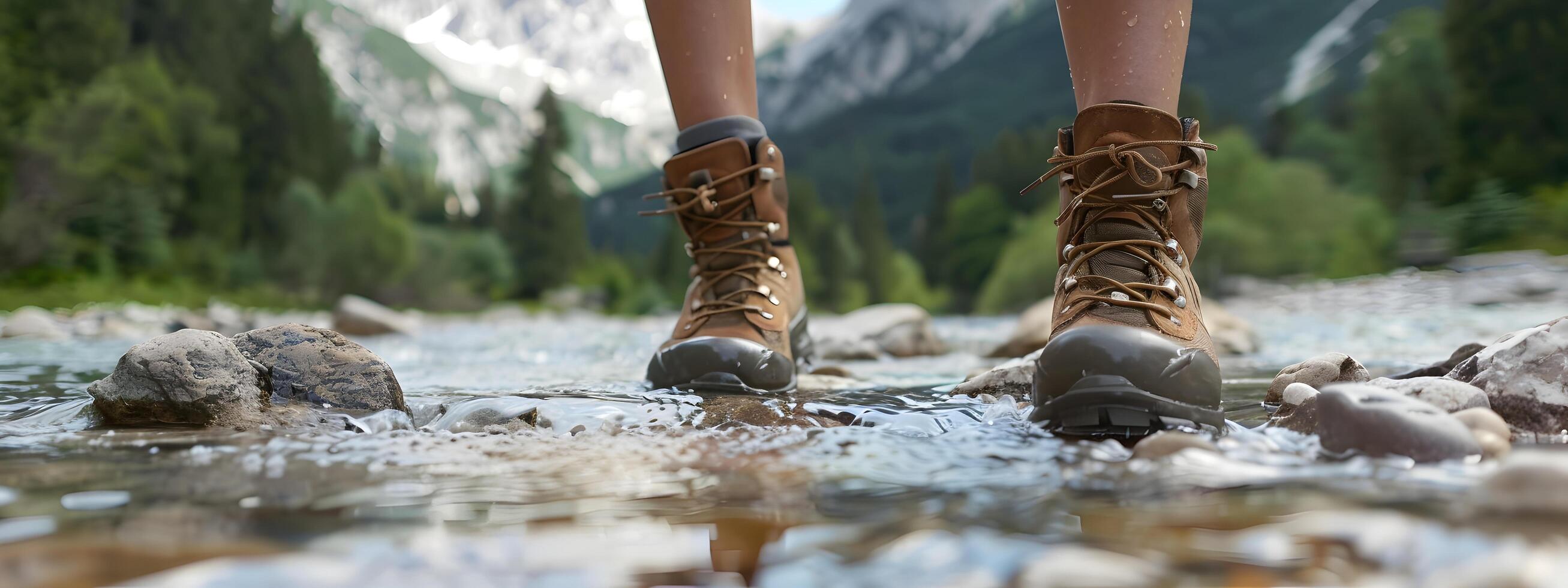 caminhada caminhante viajante panorama aventura natureza ao ar livre esporte fundo panorama - fechar acima do pés com caminhada sapatos a partir de uma homem ou mulher caminhando dentro a rio foto