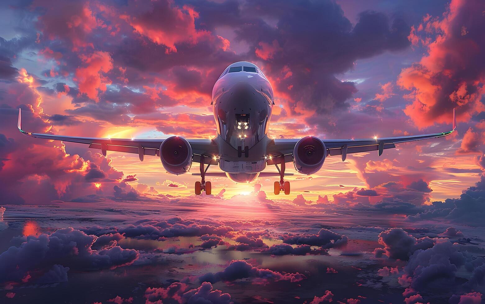comercial avião levando fora para dentro colorida céu às pôr do sol. panorama com branco passageiro aeronaves, roxa céu com Rosa nuvens. viajando de avião foto
