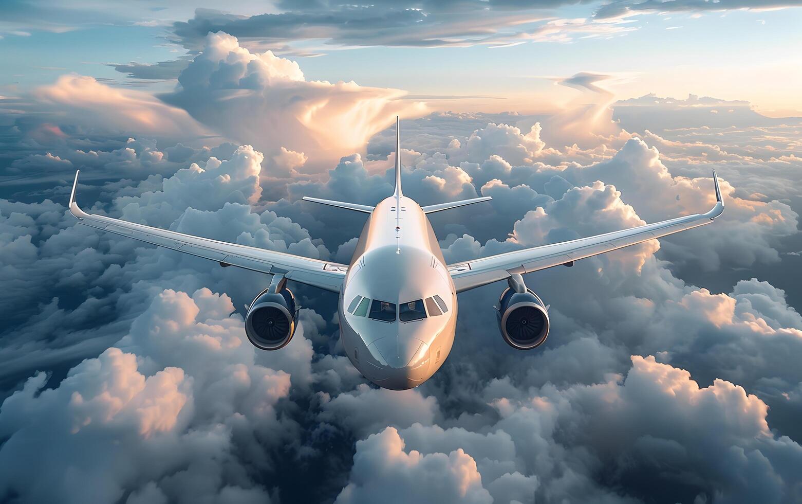 comercial avião levando fora para dentro colorida céu às pôr do sol. panorama com branco passageiro aeronaves, roxa céu com Rosa nuvens. viajando de avião foto