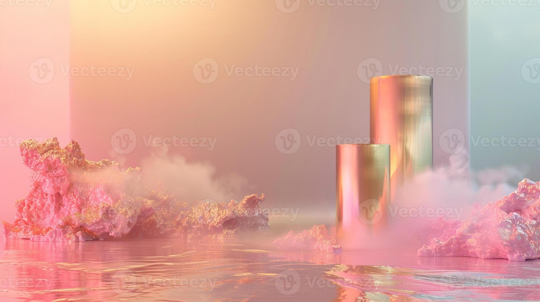 uma sonhadores Rosa e ouro fundo com eucalipto folhas, criando a atmosfera do luxo para produtos exibição dentro a estilo do surreal fantasia paisagens. foto