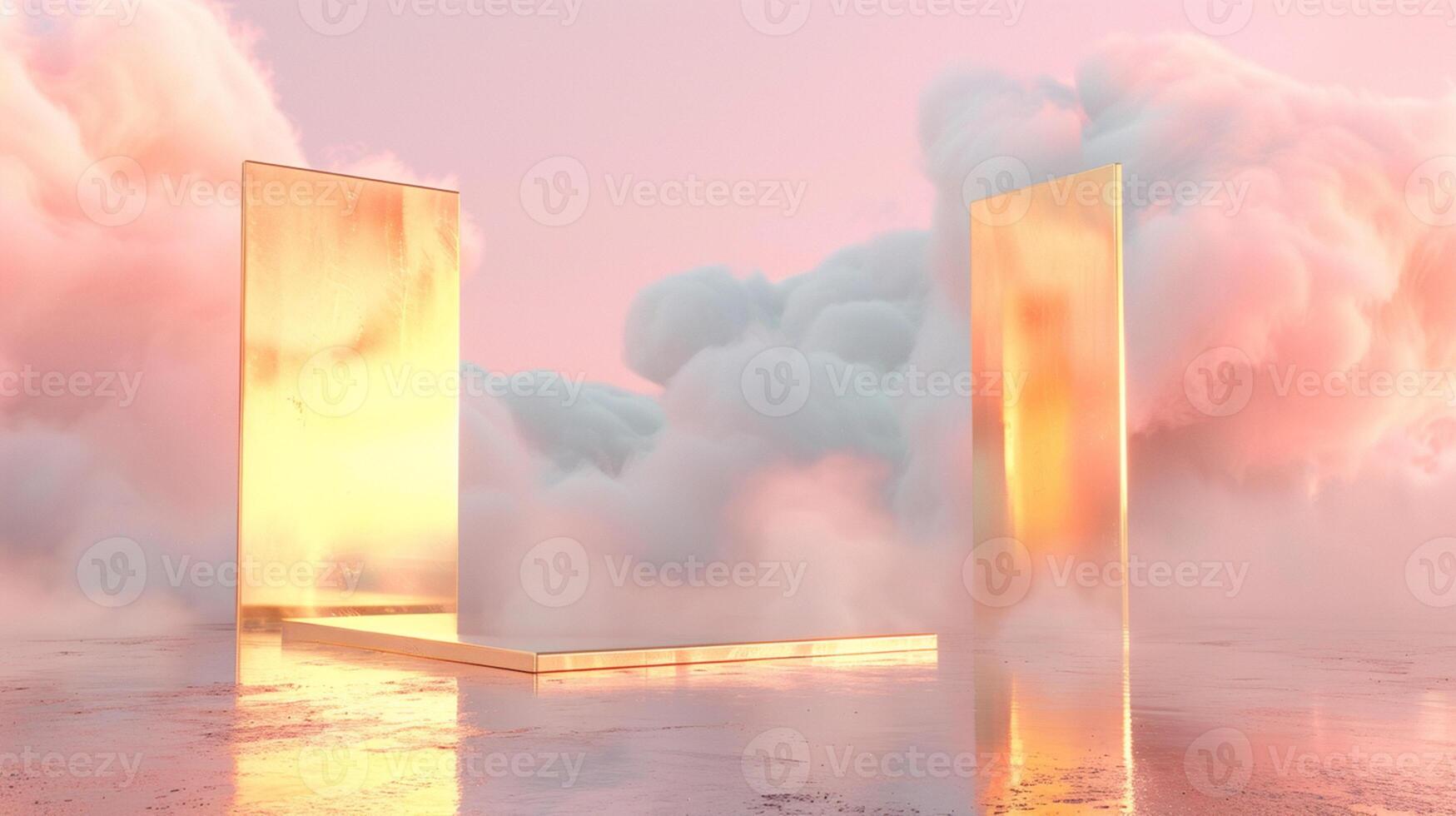 uma sonhadores Rosa e ouro fundo com eucalipto folhas, criando a atmosfera do luxo para produtos exibição dentro a estilo do surreal fantasia paisagens. foto