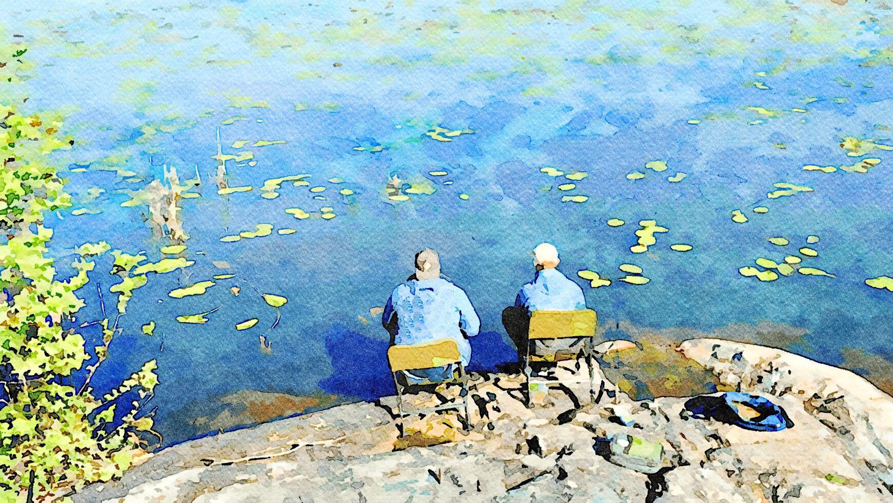 estilo aquarela representando dois pescadores às a lago foto