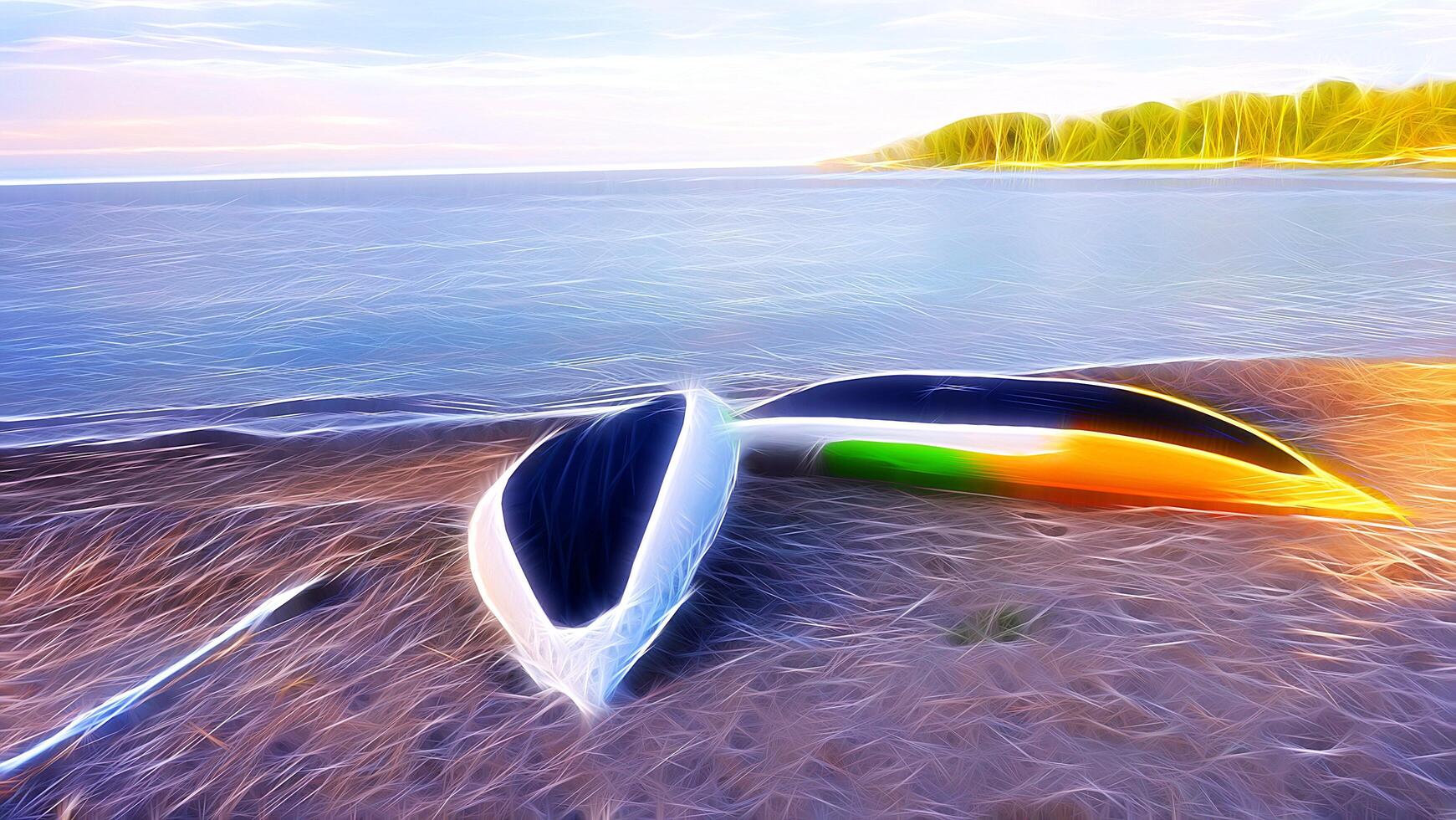 digital pintura estilo representando dois amarelo, branco e verde canoas colocada parte de cima baixa em a de praia foto