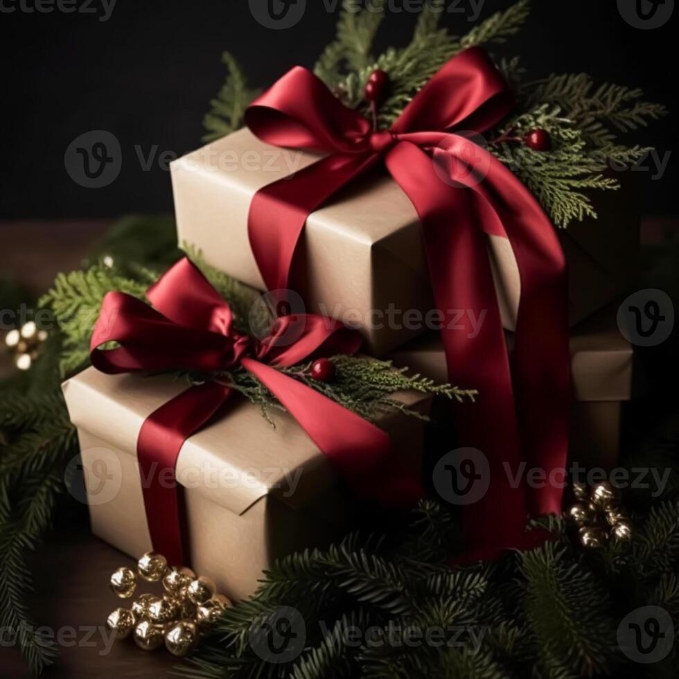 clássico Natal apresenta e feriado presentes, embrulhado presente caixas debaixo Natal árvore, boxe dia e feriados compras, foto