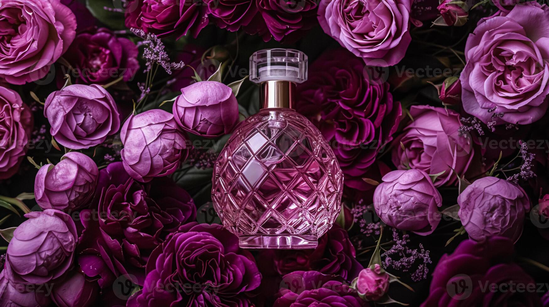 perfume garrafa dentro flores, fragrância em florescendo fundo, floral odor e Cosmético produtos foto