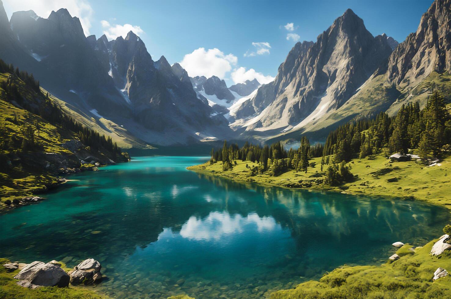 tirar o fôlego alpino panorama cristal Claro turquesa lago cercado de majestoso montanha picos e exuberante vegetação. lindo montanha e lago panorama foto