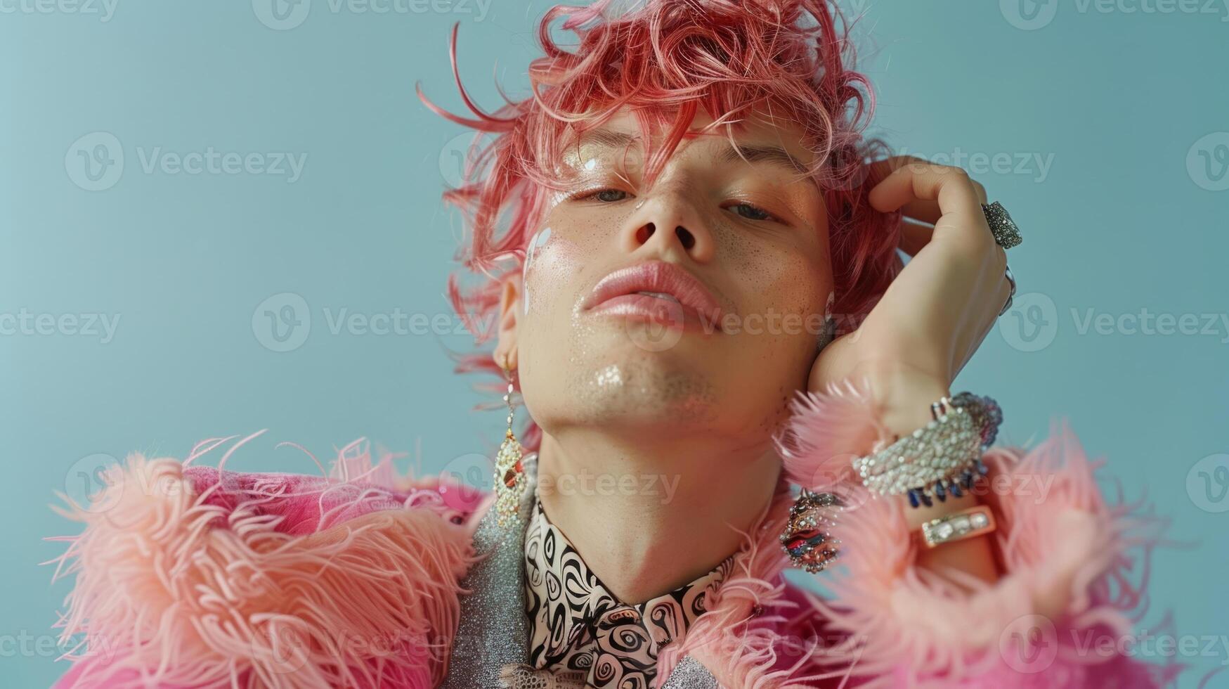 retrato do queer pessoa vestindo Rosa moda traje e brilhar acessórios com chocante Rosa cabelo em luz azul pano de fundo foto