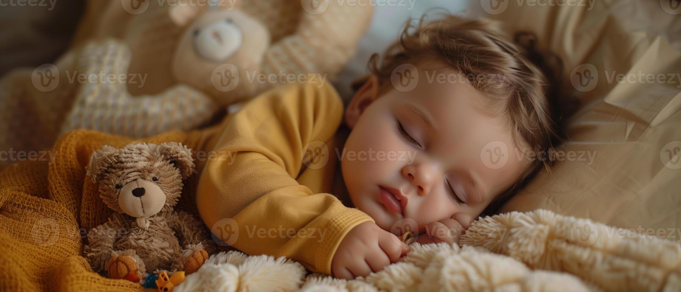 a criança pequena à deriva fora para dormir confortavelmente com uma Urso de pelúcia Urso em a pelúcia cama, dentro a acolhedor atmosfera do a quarto foto