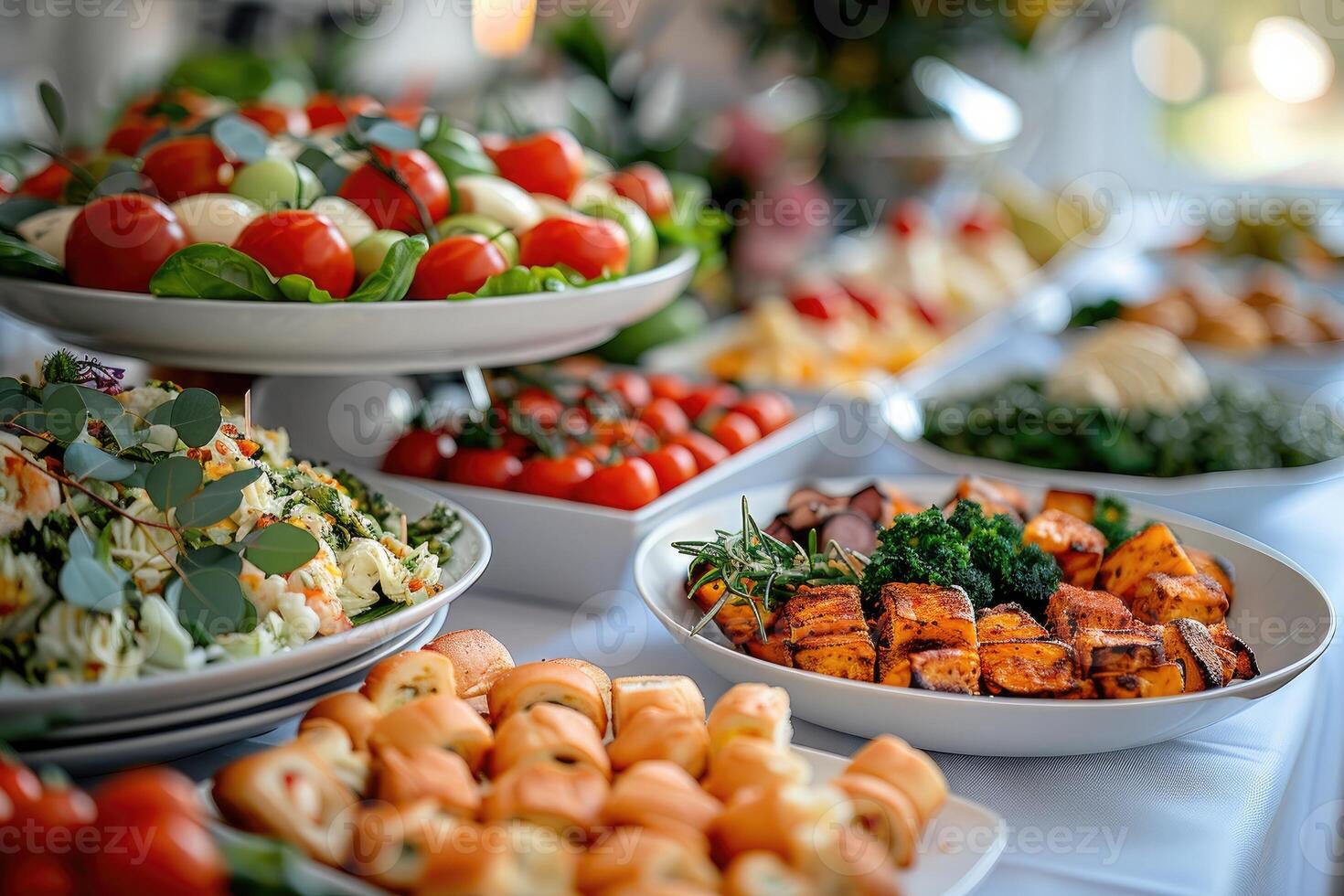 luxuoso decoração do branco toalhas de mesa com grande quantidade do dedo Comida preparado profissional publicidade Comida fotografia foto