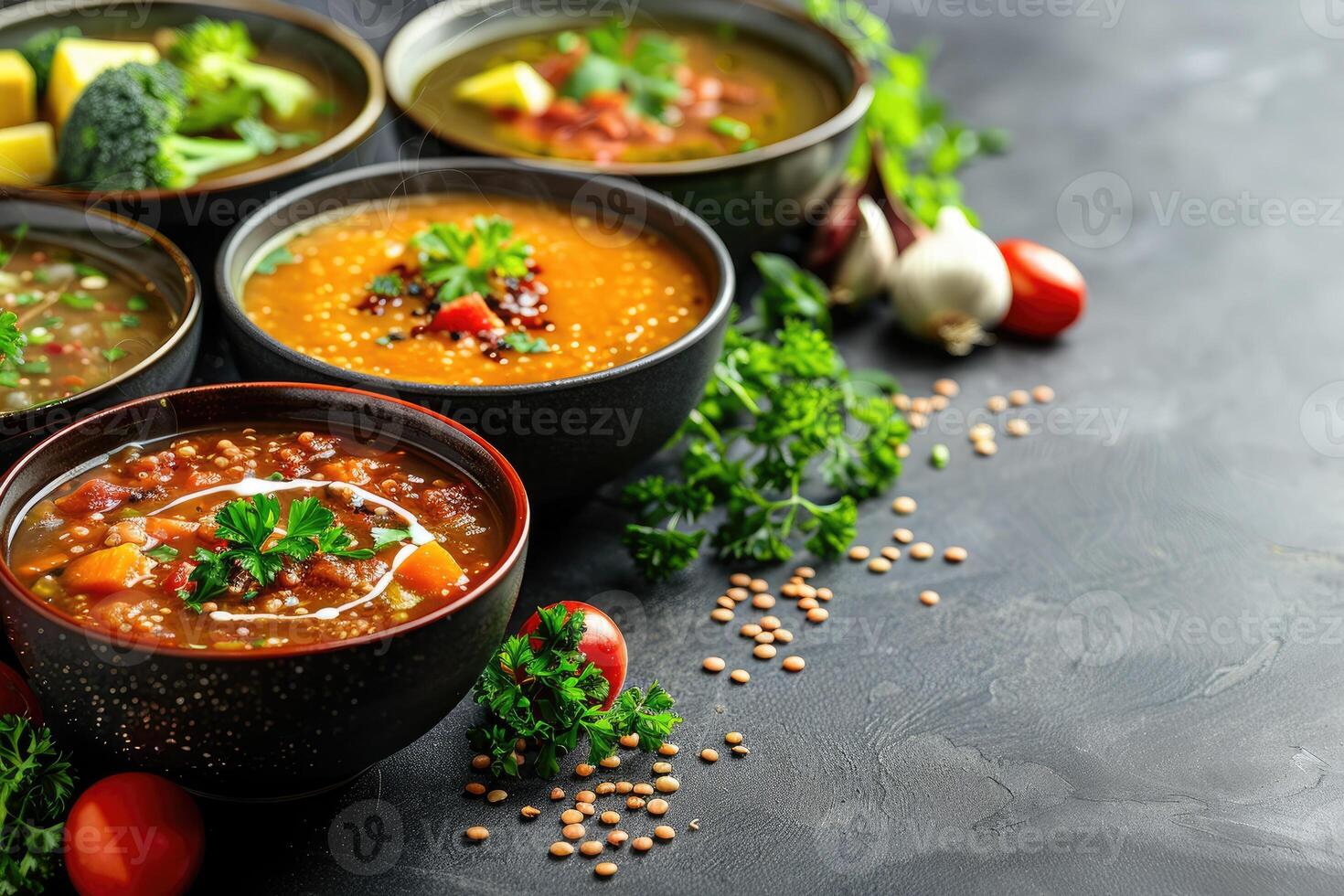 a calor e nutrição do caseiro sopas ou veludo Comida profissional publicidade Comida fotografia foto