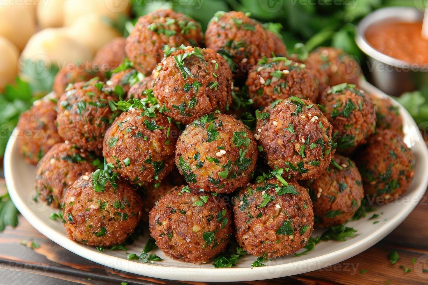 falafels estão profundo frito bolas tradicionalmente encontrado dentro meio Oriental cozinha Comida profissional publicidade Comida fotografia foto