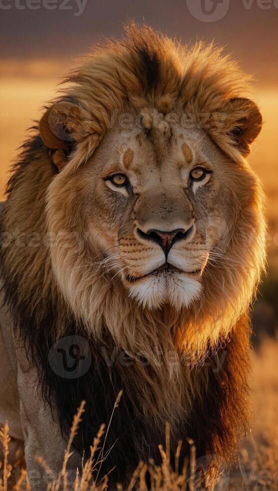 fechar acima Visão do uma majestoso masculino leão banhado dentro a caloroso brilho do uma configuração Sol dentro a grande africano savana foto