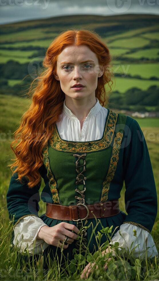 jovem lindo mulher do irlandês descida com fogosa vermelho cabelo vestindo a antigo tradicional irlandês vestir carrinhos no meio a pitoresco natureza do Irlanda foto