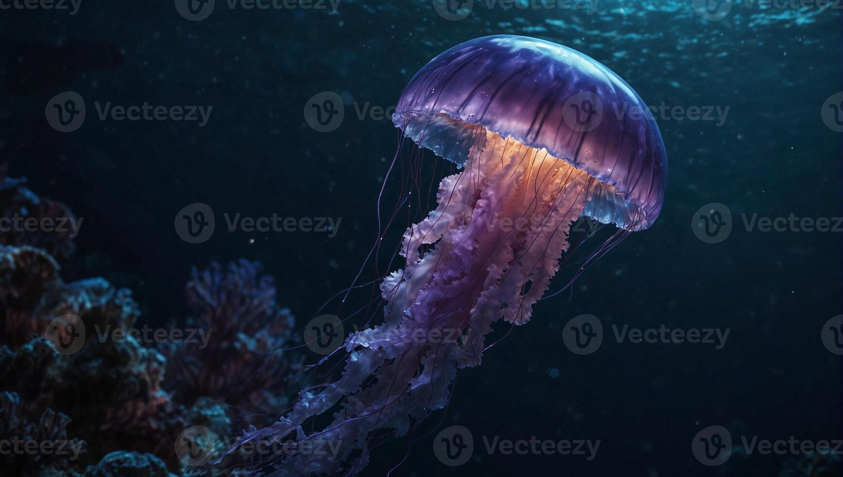 medusa graciosamente impulsionando através a água do Sombrio misterioso profundidades do a oceano com Está corpo emitindo roxa brilho foto